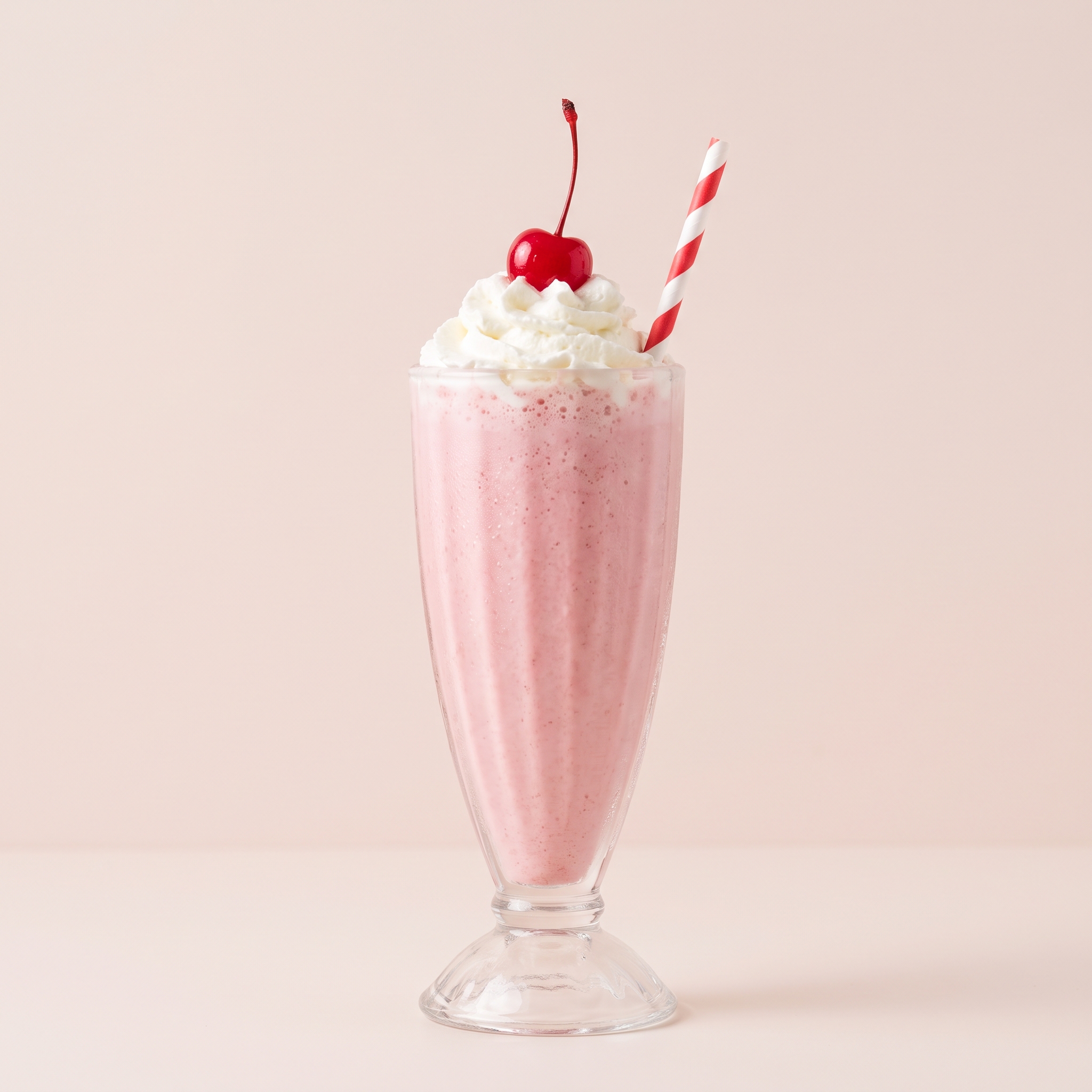 A strawberry milkshake topped with whipped cream and a cherry.